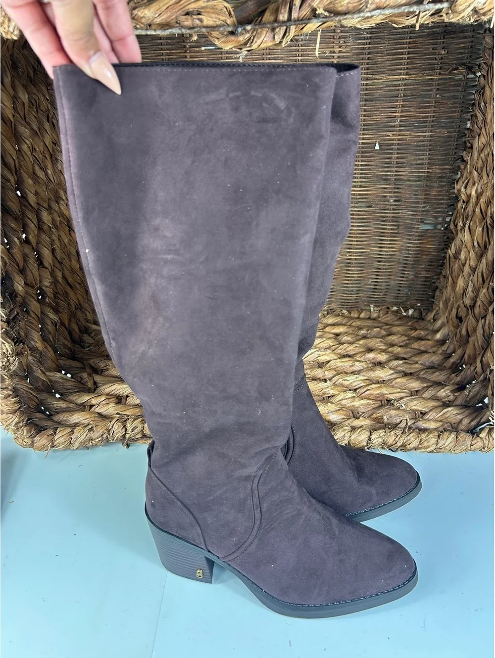 Sam and Libby Brown suede knee high heeled boots